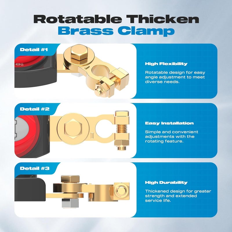 Malictele On/Off 275A Top Post Battery Switch with Negative Brass Clamp 12-48V Battery Power Cut Master Switch Disconnect Isolator for Car Vehicle RV and Boat - Image 3